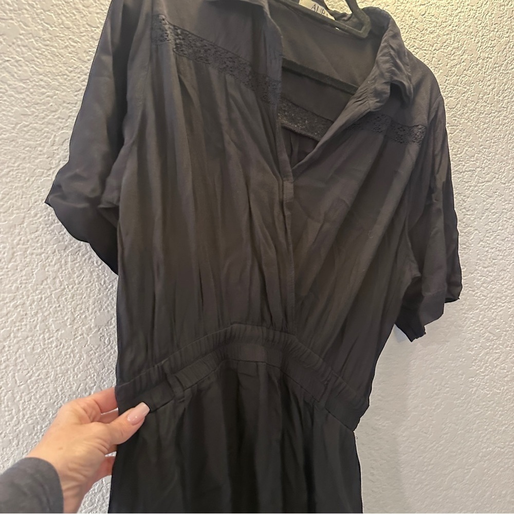 Aura Black Boho Maxi Dress Short Sleeve Lace Detail Pocket Tie Waist Size Medium